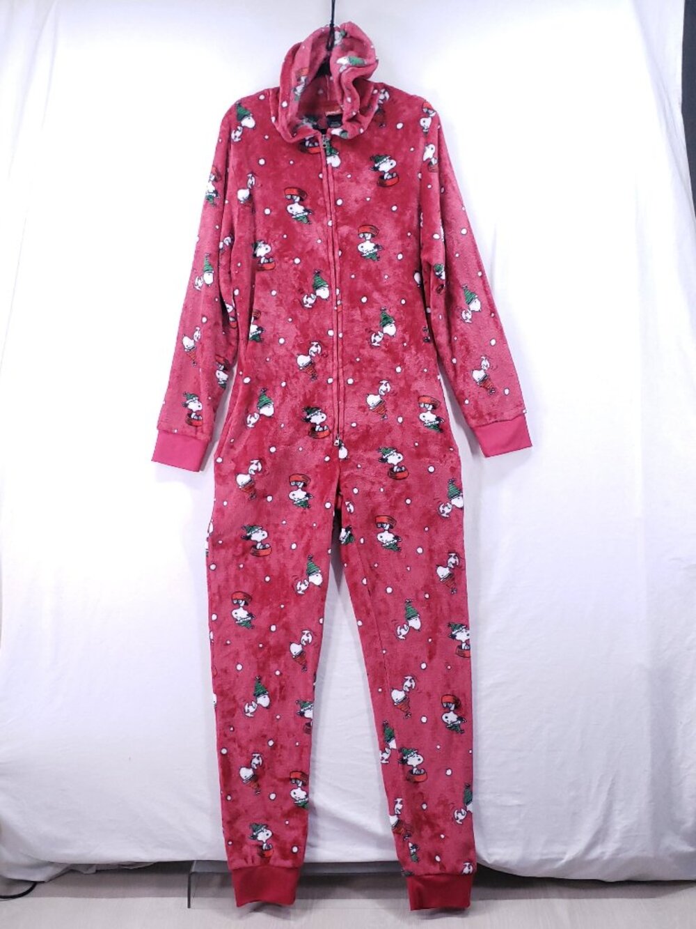 Peanuts Adult Suit One Piece Pajamas Size XL Red Christmas Hood Snoopy Holiday